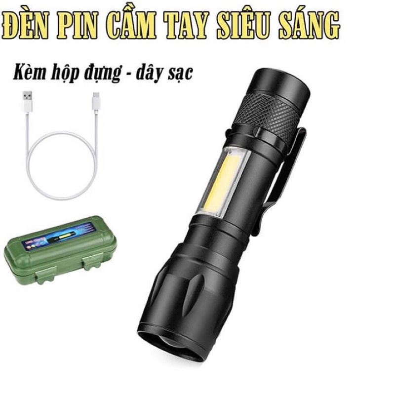 Đèn Pin Mini Siêu Sáng Police Cao Cấp Có Zoom, Móc Cài Áo Tiện Dụng - Tặng Kèm Hộp