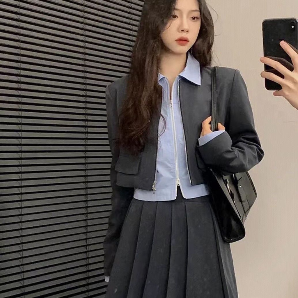 Set Áo Sơ Mi Cổ Bẻ Phối Chân Váy Thời Trang Phong Cách Phương Tây Thanh Lịch Cho Nữ