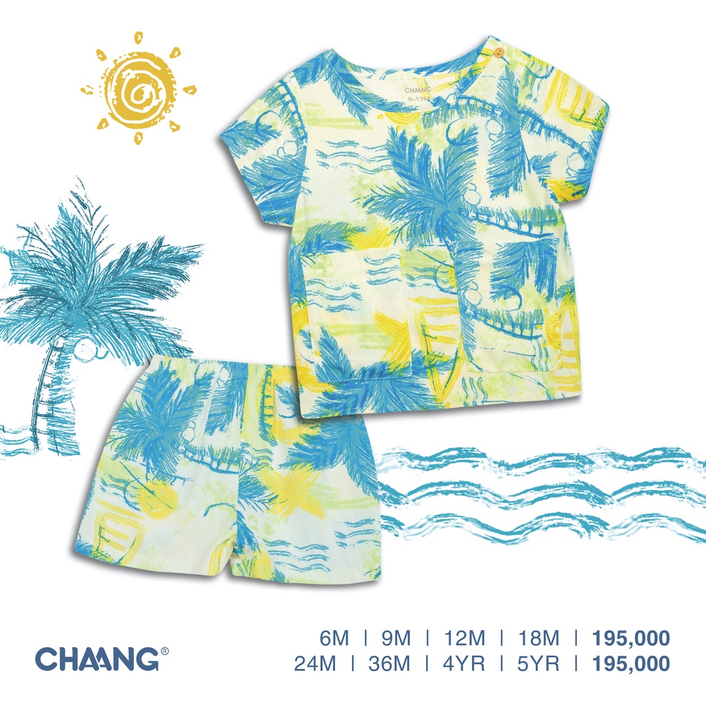 [CHAANG]Bộ quần áo cộc lanh cài vai cho bé Sea coconut CHAANG