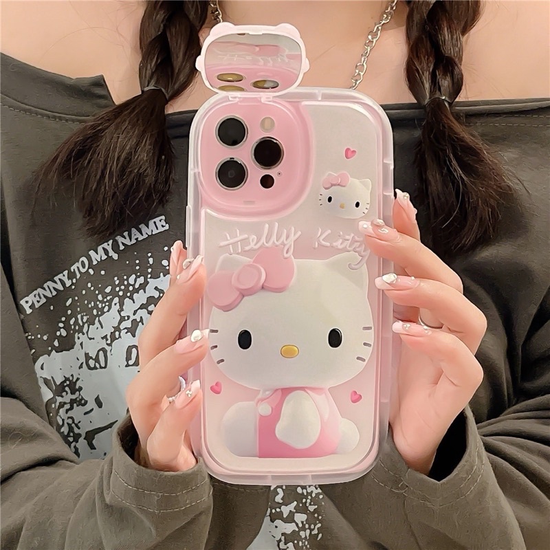 Ốp lưng iphone mềm dẻo viền chống sốc có gương che bảo vệ camera hình hellokitty màu hồng baby dễ thương