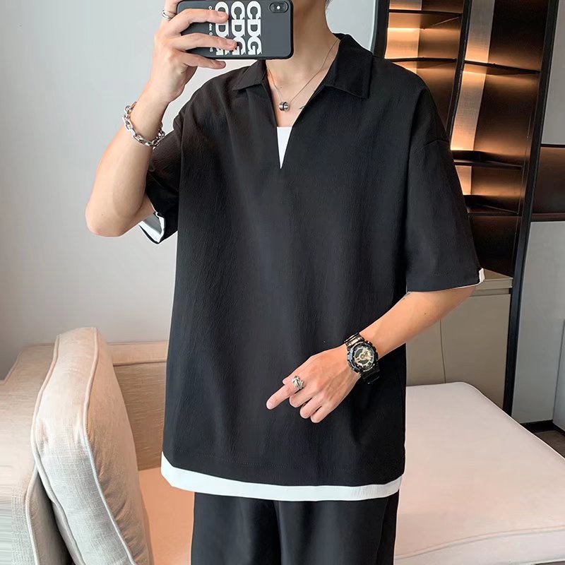 Áo Thun Polo Tay Ngắn Cổ Chữ V Màu Trơn Dáng Rộng Phong Cách Hàn Quốc Thời Trang Mùa Hè Dành Cho Nam Size M-2XL