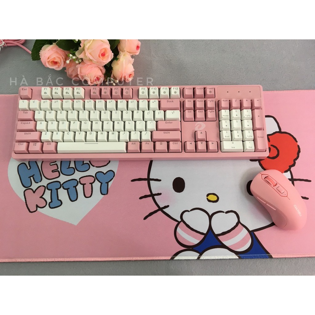 Combo Bàn Phím Chuột Lót Di Chuột Màu Hồng - Bàn Phím Cơ DAREU EK1280s - Chuột Không Dây DAREU LM115 -Lót Di HELLO KITTY