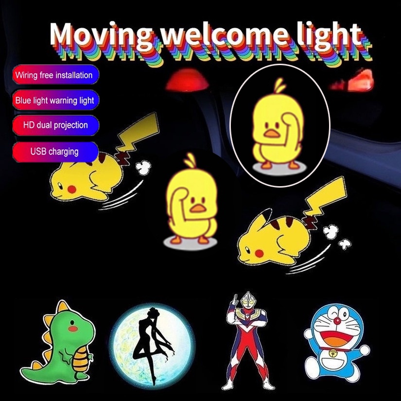 Đèn Led Laser Không Dây Hình Pikachu Vịt Hoạt Hình Gắn Cửa Xe Hơi/Xe Máy/Xe Hơi 15 Kiểu