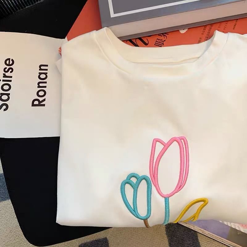 Áo Thun NgắN Tay Thêu HìNh Hoa Tulip Cho Nữ