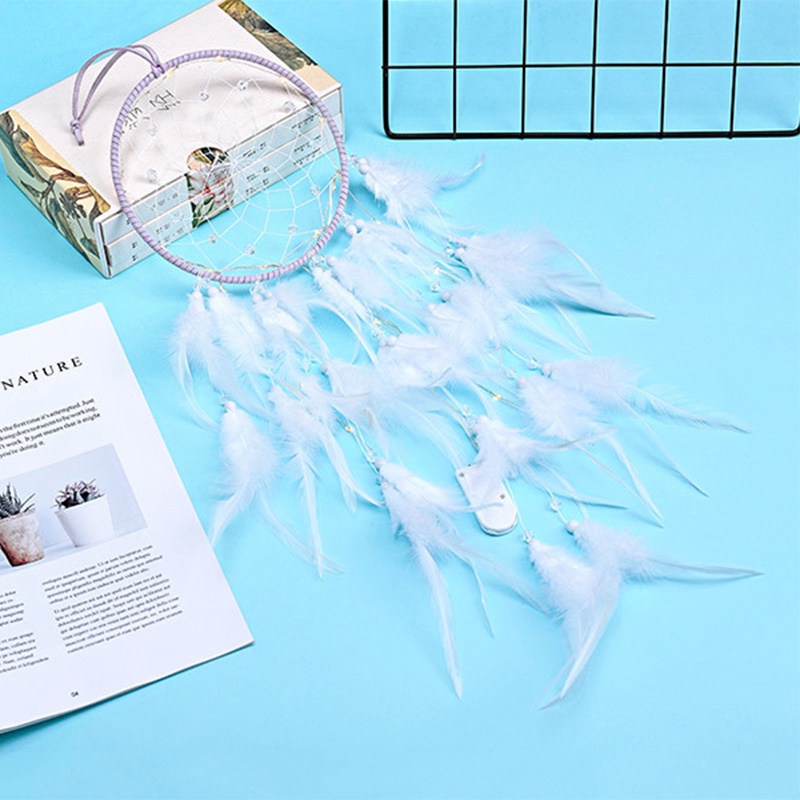 Dreamcatcher Đính Lông Vũ Có Đèn Led Trang Trí Phòng Ngủ Phòng Khách Tặng Kèm Móc Dán Tường