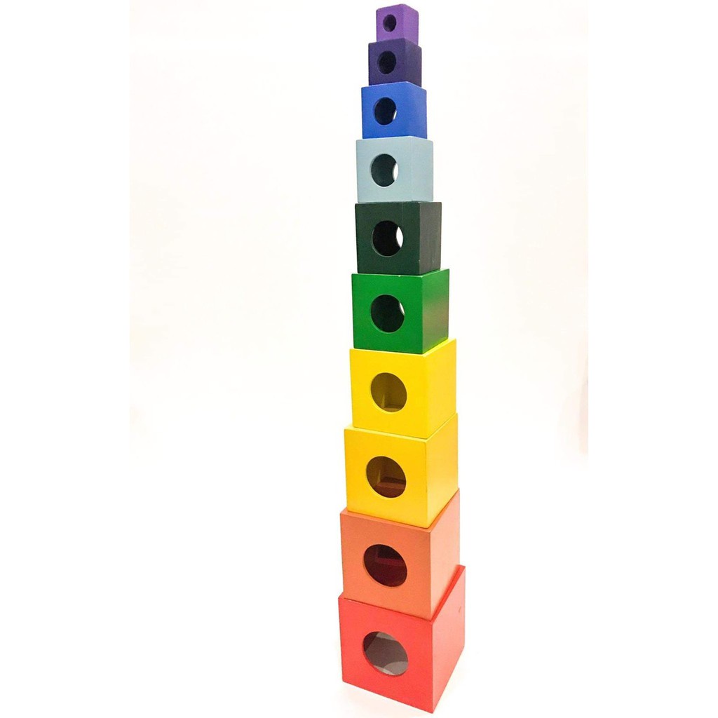 Lồng hộp vuông 10, Đồ chơi gỗ an toàn cho bé phát triển trí tuệ Montessori, xếp chồng tháp tỉ lệ