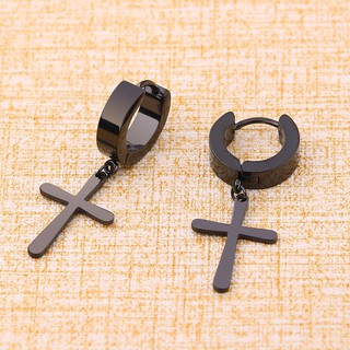 Khuyên tai titan đen khoen tròn chữ thập nam nữ cá tính