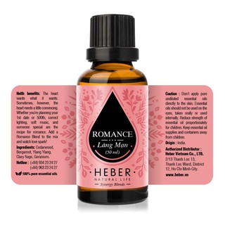 Tinh Dầu Lãng Mạn Heber- Romance Blend, Cao Cấp Nhập Khẩu, Thiên Nhiên Nguyên Chất, Xông Thơm Phòng, Chai 10ml/30ml/50ml