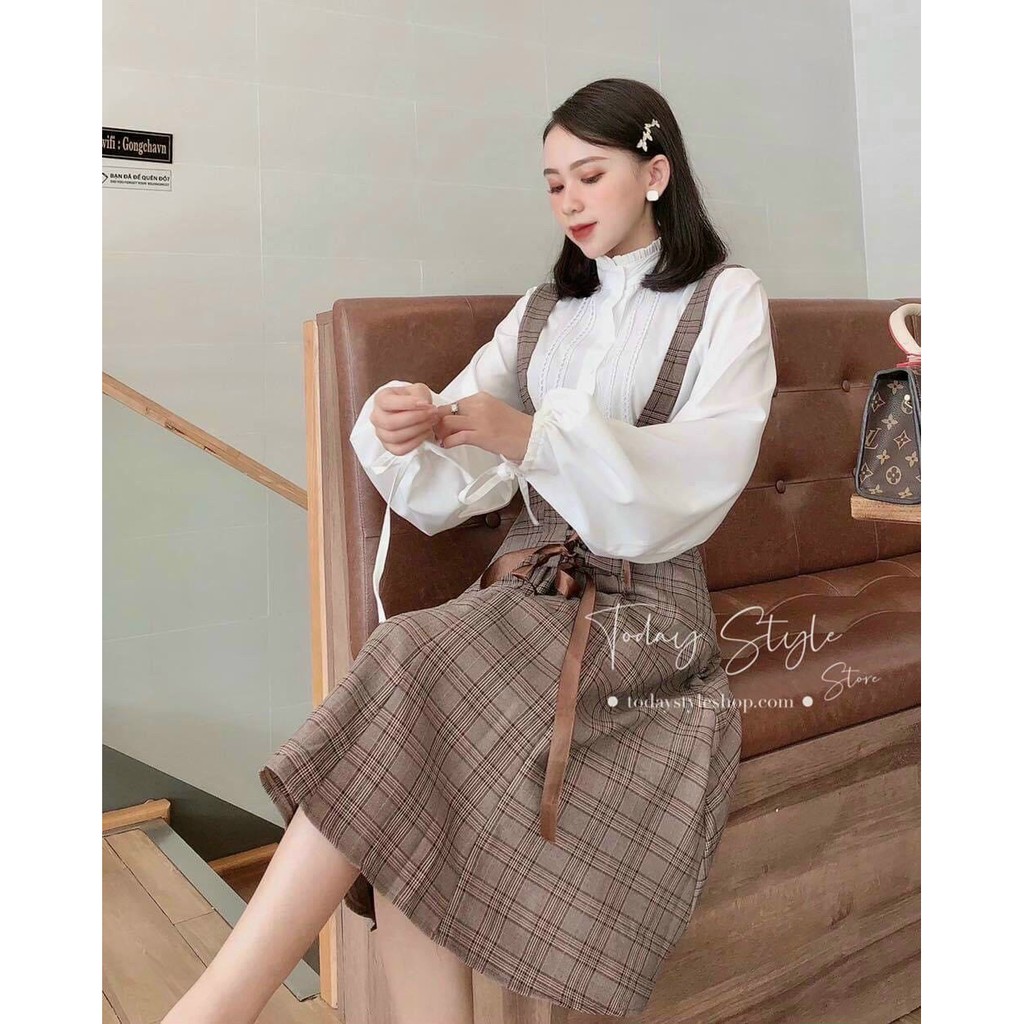 SET YẾM CARO ĐAN DÂY LƯNG + ÁO SƠ MI CỔ BÈO TAY BỒNG