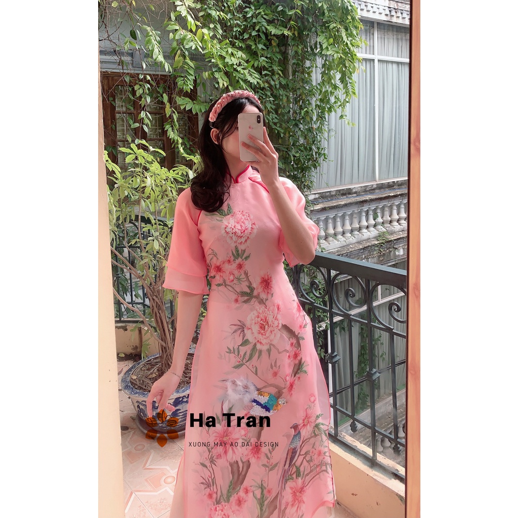 Áo dài cách tân tơ organza 4 tà Hồng Đào Chim Mẫu Đơn kết đính sang trọng thời trang nữ thời trang thiết kế Vinna