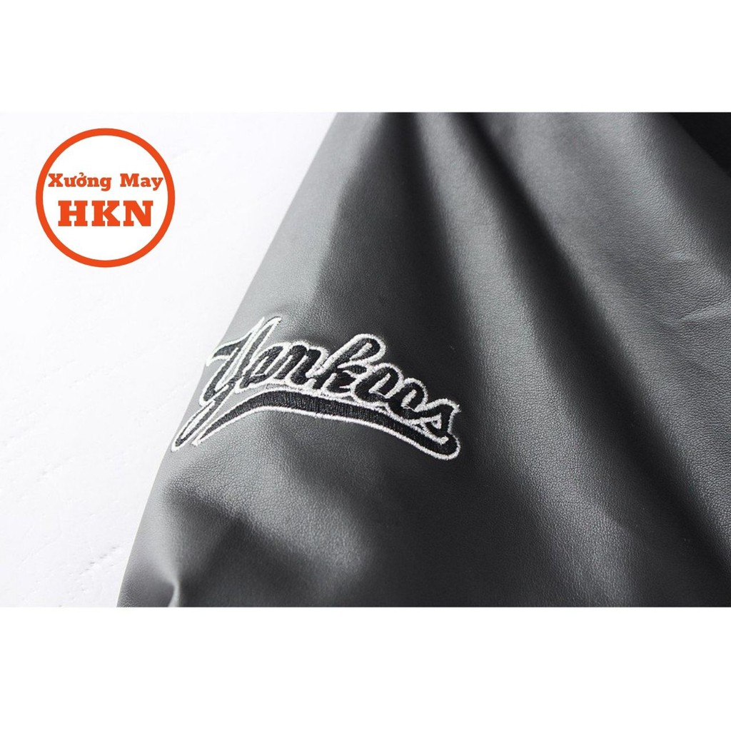 Áo Khoác Bomber Jacket Varsity Cardigan NY Nam Nữ Phối Tay Da Mã 306 Xưởng May HKN