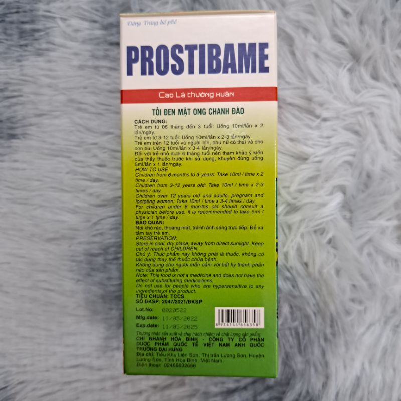 Siro ho Đông trùng bổ phế PROSTIBAME Cao lá thường xuân tỏi đen mật ong chanh đào - Giảm ngứa họng, rát họng_Hộp 100ml