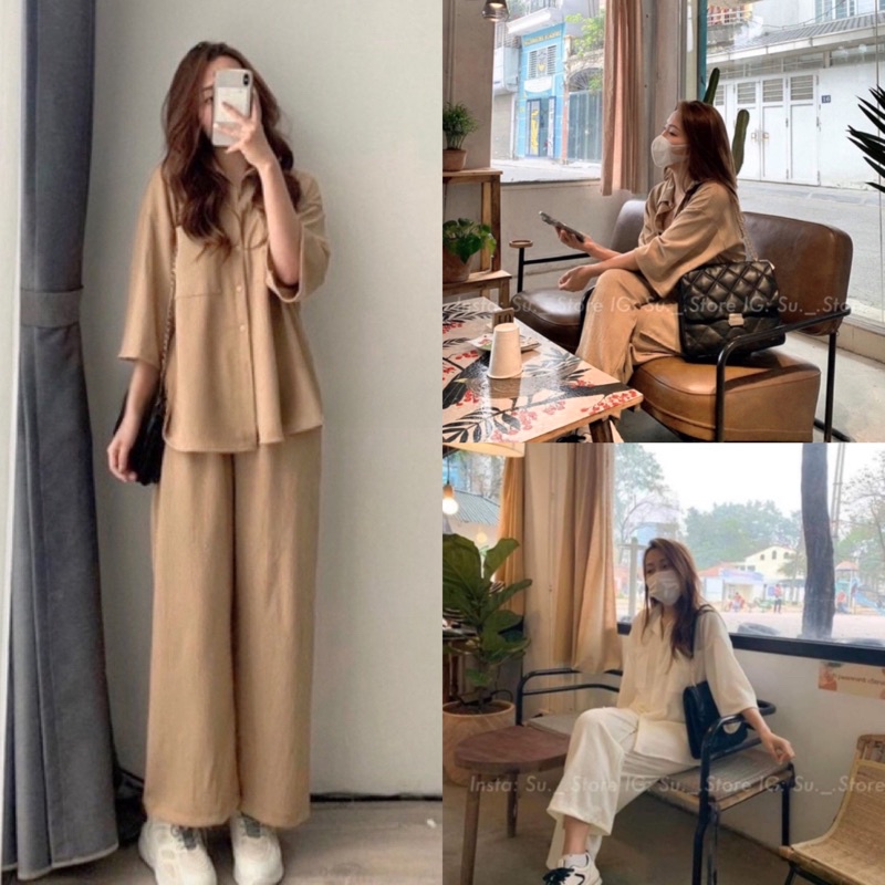 SET ĐŨI XỐP SƠ MI TAY LỠ QUẦN SUÔNG DÀI BIGSIZE 60-95KG