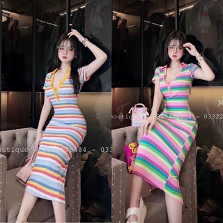 Đầm body thun sọc cổ bẻ chất co giãn mềm, váy đầm đi chơi dạo phố