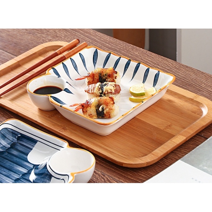 Set 4 đĩa ăn men lam họa tiết phong cách Nhật Bản có ô đựng nước chấm
