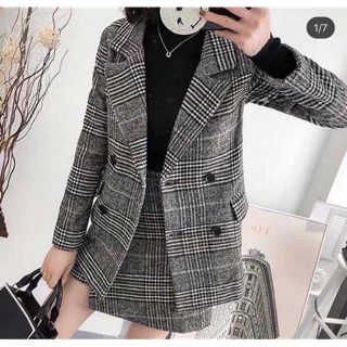 Sét dạ kẻ áo khoác dạ chân váy chữ A chân váy dạ áo khoác dạ siêu ấm set áo mặc gọn người Order sét dạ quảng châu