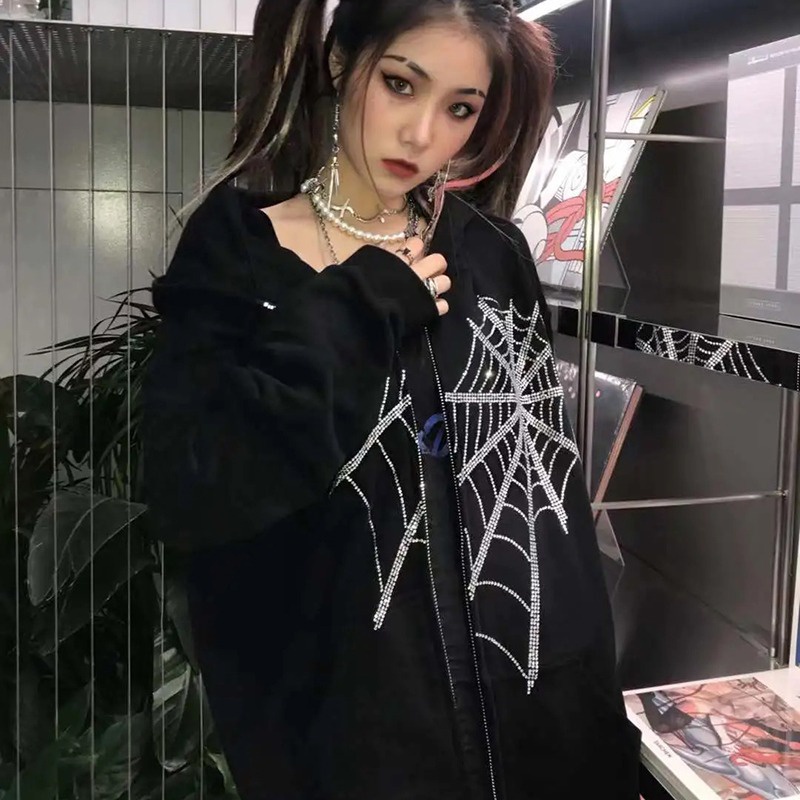 Áo Khoác Có Nón Và Khóa Kéo Đính Đá Y2K Phong Cách Punk Harajuku Cho Nam Và Nữ