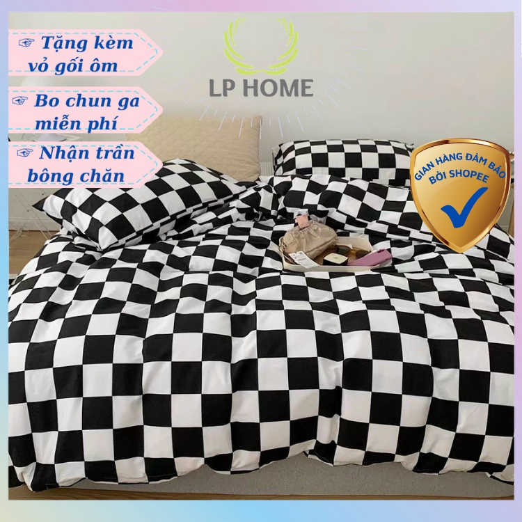 Bộ chăn ga gối Poly Cotton Kẻ caro đen trắng sang trọng cao cấp (Tặng vỏ gối ôm) - Miễn phí bo chun