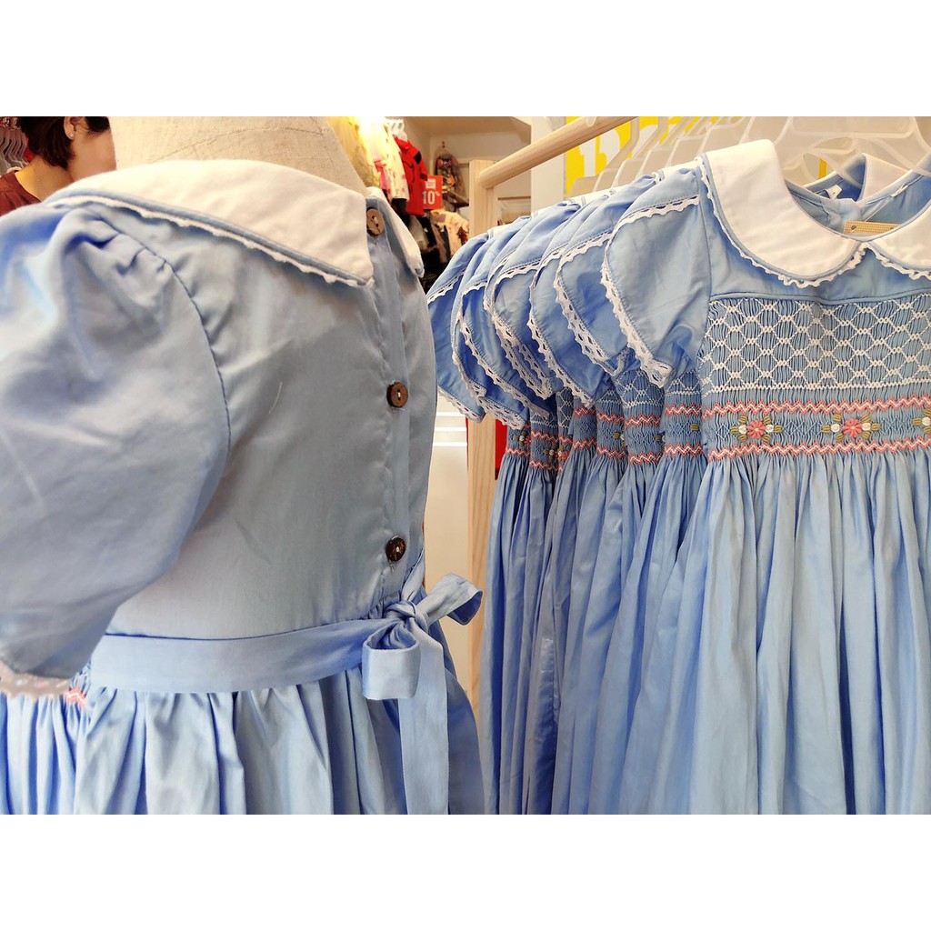 Váy smock xanh cổ trắng tay sen