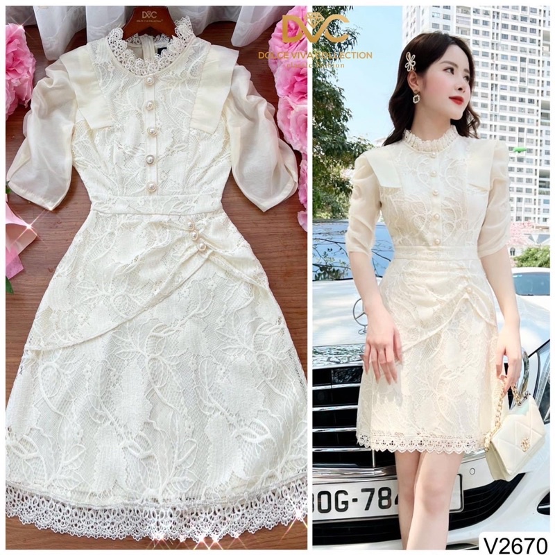 V2670 váy ren kem tiểu thư cổ bèo tay lỡ dáng A  váy kem ren nhún eo nữ tính