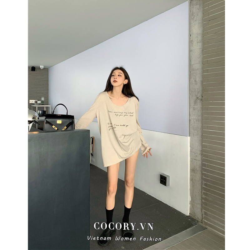 Cocory vn Áo Thun Tay Dài Dáng Rộng In Chữ Kiểu Vintage Cá Tính Cho Nữ