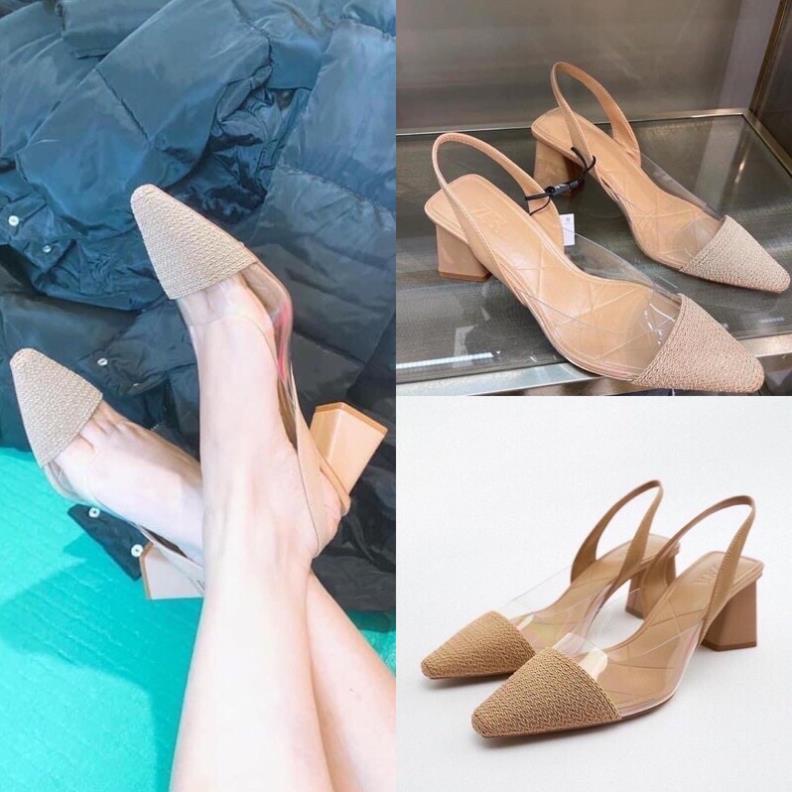 ↪️ Giày cao gót bít mũi pha cói nữ 7p gót trụ vuông dáng sandal màu be size 37