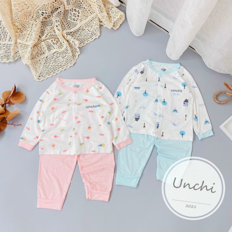 Bộ quần áo dài tay unchi sợi peptit chất cực mát cho bé 3-9kg / nhiều mẫu