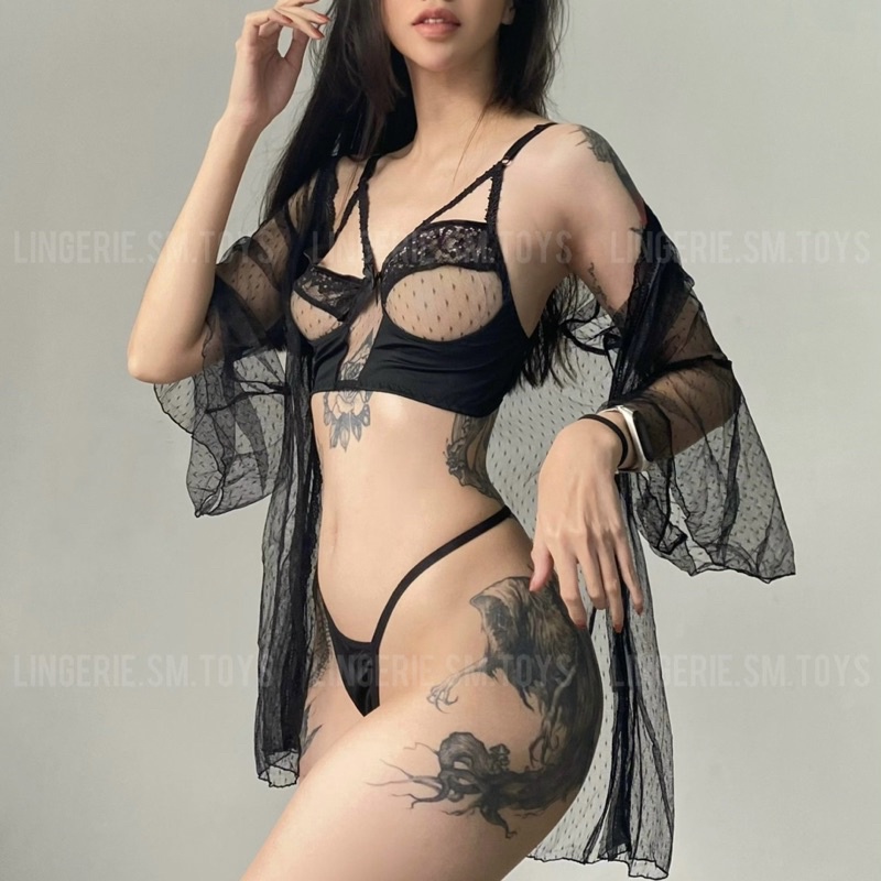 QR1075 Set Nội Y Kèm Choàng Ngủ Voan Bay Cao Cấp Gợi Cảm • Đồ Ngủ Mặc Nhà Quyến Rũ