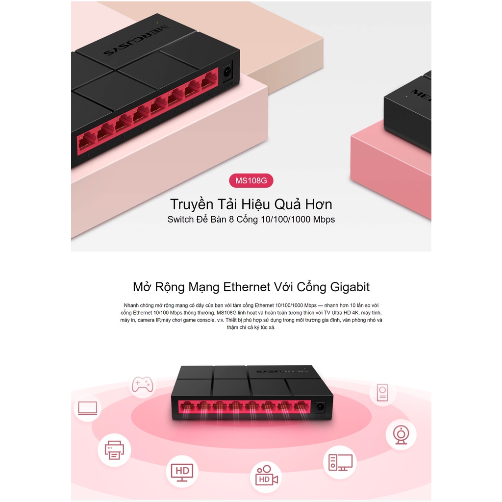 Bộ Chia Mạng 8 Cổng Gigabit Mercusys MS108G 10/100/1000 Mbps - Hàng Chính Hãng
