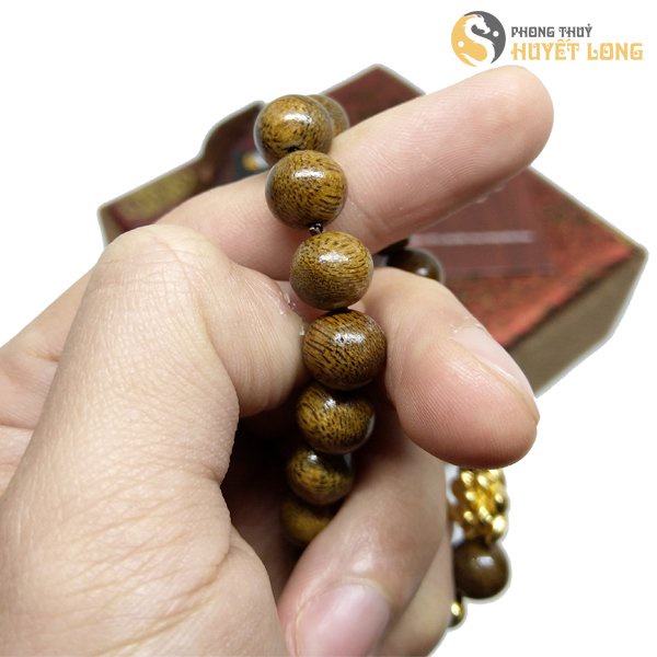 Vòng Trầm Hương Tốc Tròn Mix Hoa Sen Bi Vàng, Vòng Tay Gỗ Phong Thủy