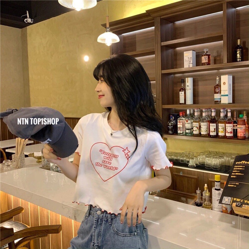 Áo in trái tim Croptop cuốn biên tay và lai (al)