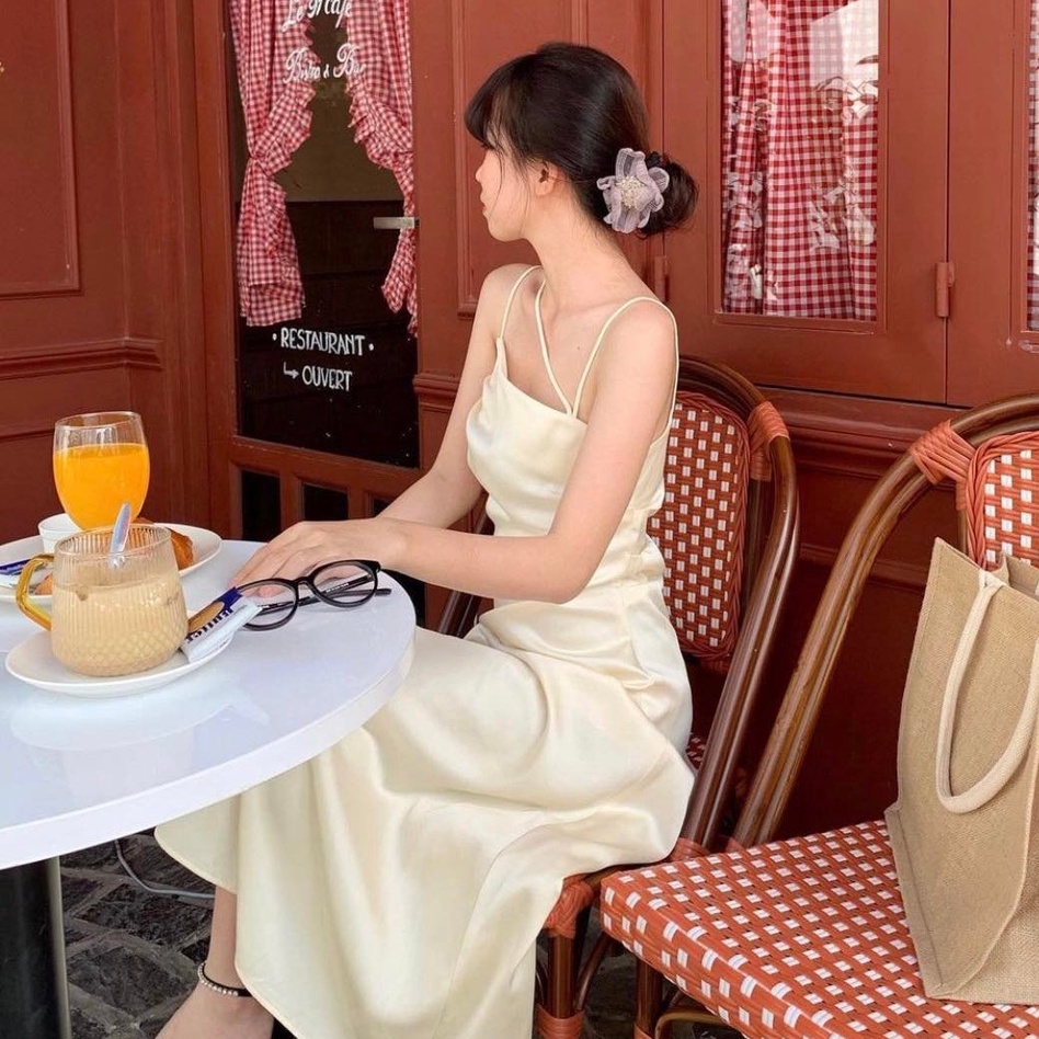 25 STUDIO Đầm dài nữ hai dây chéo chất satin lụa Venus Dress