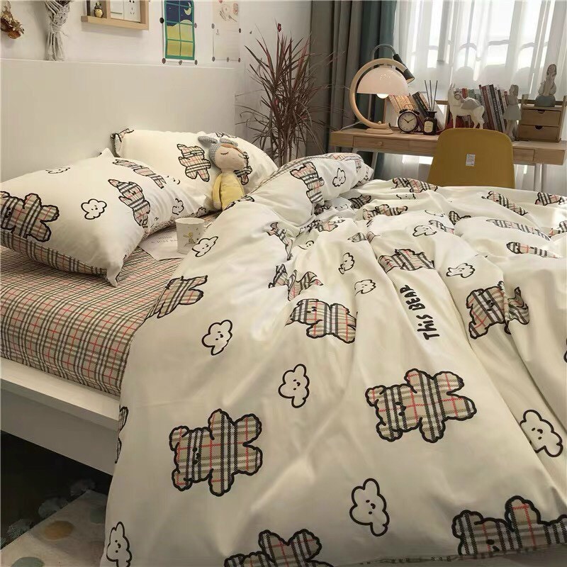 Bộ chăn ga gối drap giường chất cotton poly họa tiết gấu bbr