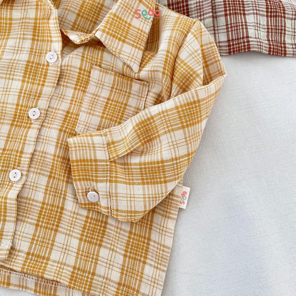 Áo sơ mi cho bé flan SODA KIDS chất liệu thô mềm, thiết kế túi ngực năng động, phong cách Hàn Quốc