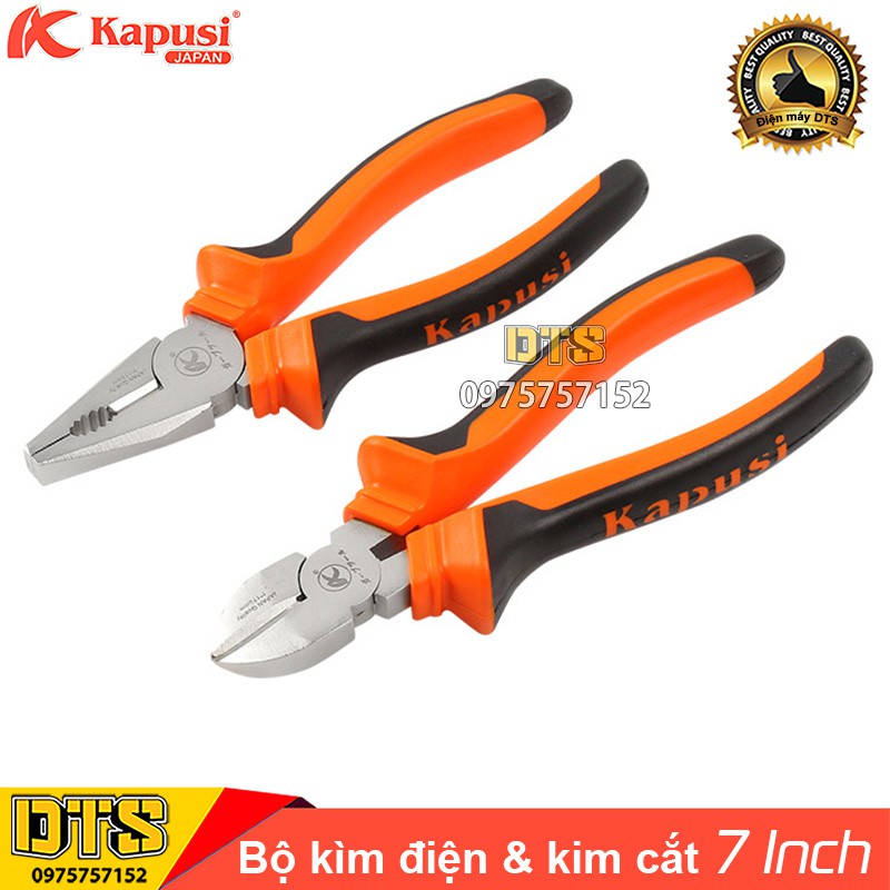 Bộ 2 kìm điện, kìm cắt công nghiệp kiểu Nhật Kapusi JAPAN 7 inch, hợp kim thép Niken , thiết kế tiết kiệm 30% lực bấm