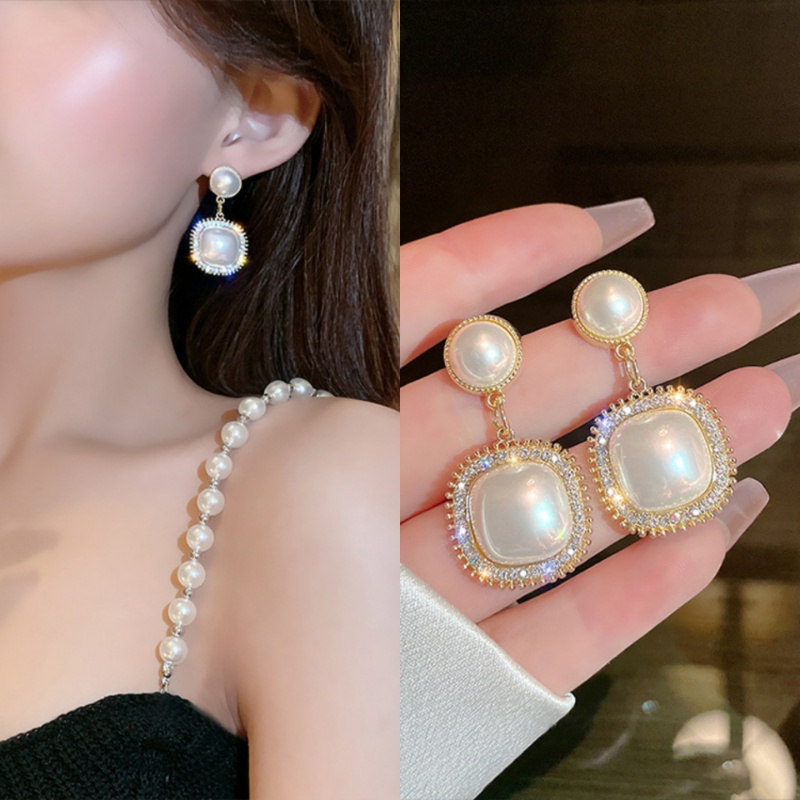 Bông Tai Mạ Bạc 925 Hình Vuông Đính Ngọc Trai Sang Trọng Cho Nữ