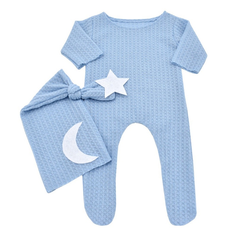 Set 2 Món Áo Liền Quần Đan Len + Mũ Thắt Nút Đuôi Dài + Băng Đô Làm Đạo Cụ Chụp