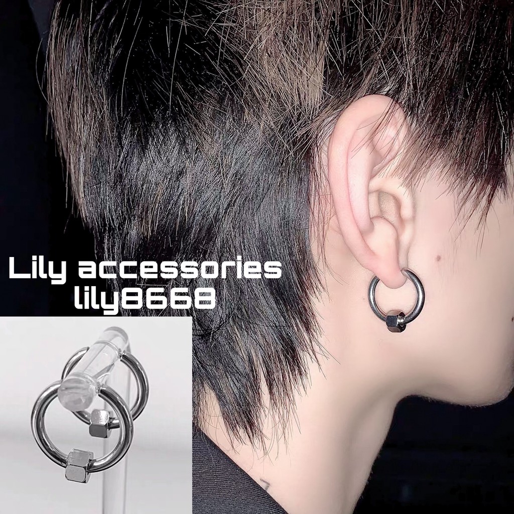 Hoop Earcuff with Hexagon kẹp tai titan tròn phối lục giác không cần xỏ lỗ không gỉ không đen không dị ứng