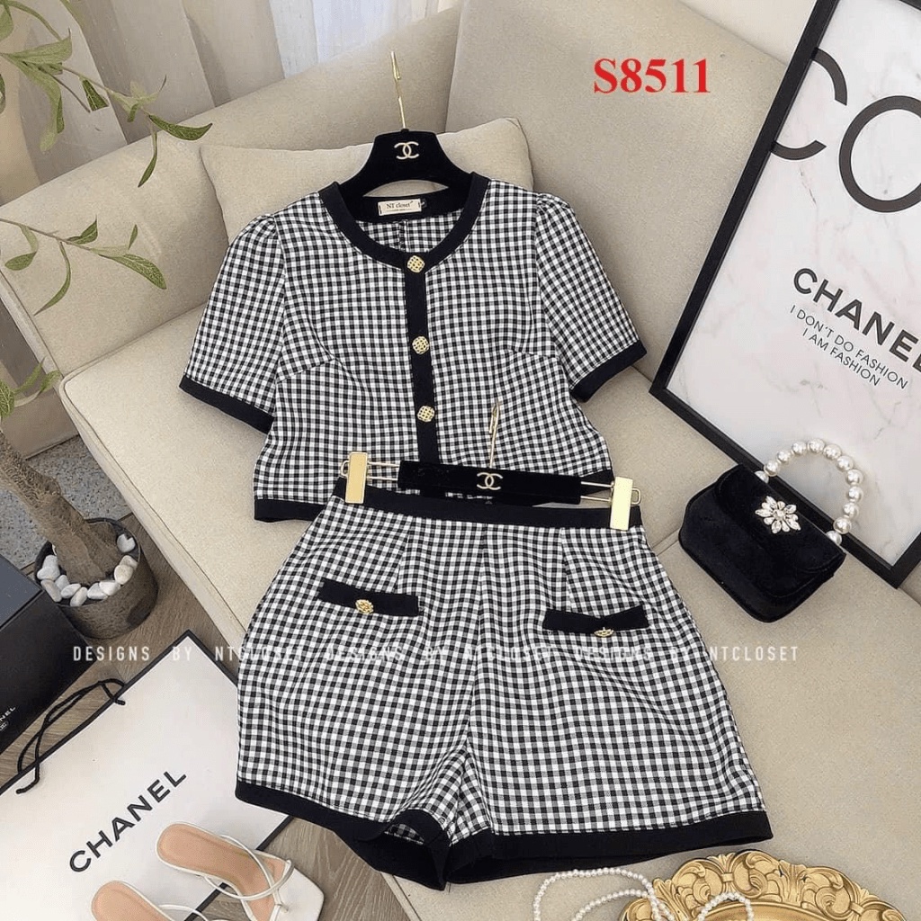 (Free Ship) HOT HOT - SÉT VÁY CARO GIẢ TÚI ÁO TAY NGẮN CÓ CÚC ÁO LUNG LINH CỰC THỜI TRANG Shop VLTN