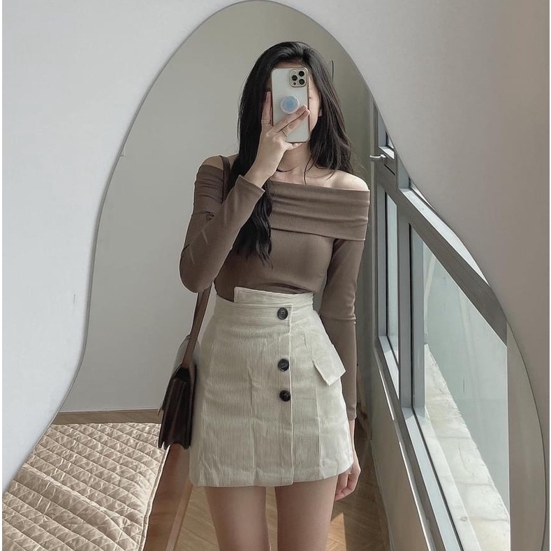 Áo trễ vai thời trang nữ chất liệu len gân