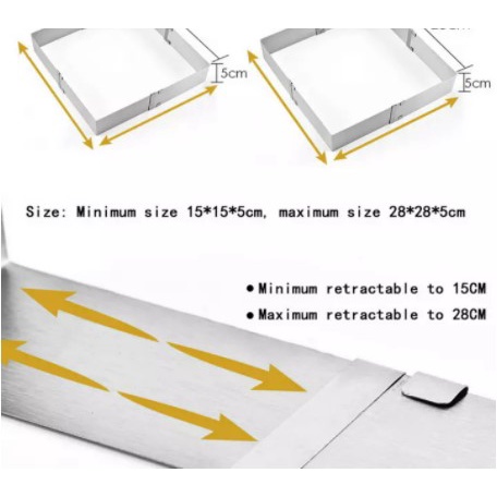 Khuôn ring mousse vuông có điều chỉnh kích thước 16cm - 28cm