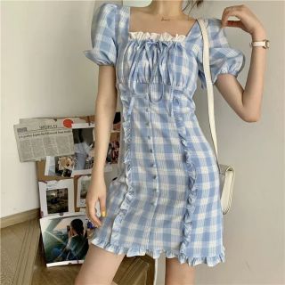 Váy Ngực Cúp Tay Bồng Kẻ Karo cổ vuông có ảnh thật