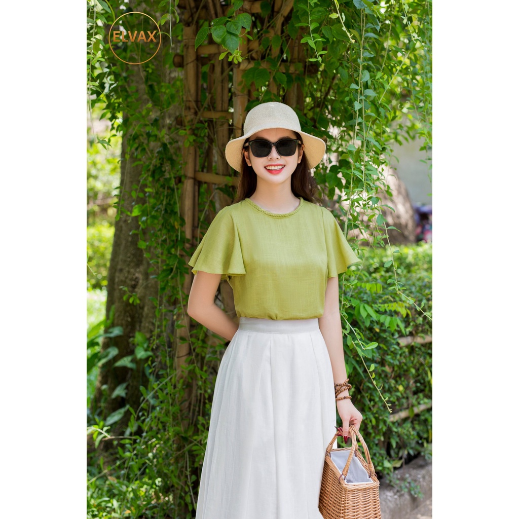 Bộ Đồ Linen Nữ ELVAX Áo Phông Cổ Tết Màu Bơ, Chân Váy Dài Trắng Chất Liệu Linen Gân Xước