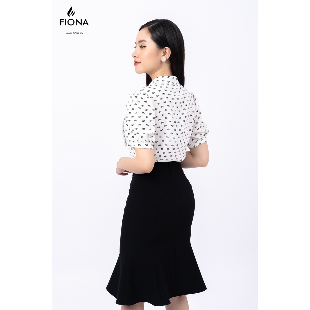 Sơ mi đen họa tiết trắng Fiona, Áo sơ mi nữ cổ nơ nẹp lệch FIONA F551219