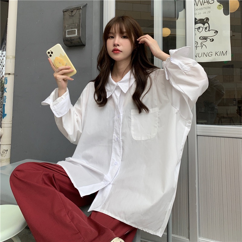 【ZHELIHANGFEI】Áo Sơ Mi Tay Dài Dáng Rộng Cổ Bẻ Dễ Phối Đồ Hợp Thời Trang