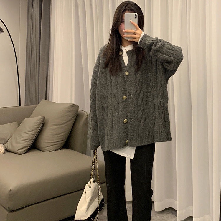 Áo khoác cardigan dệt kim dày dáng rộng phong cách Hàn Quốc thời trang mùa thu 2021 mới