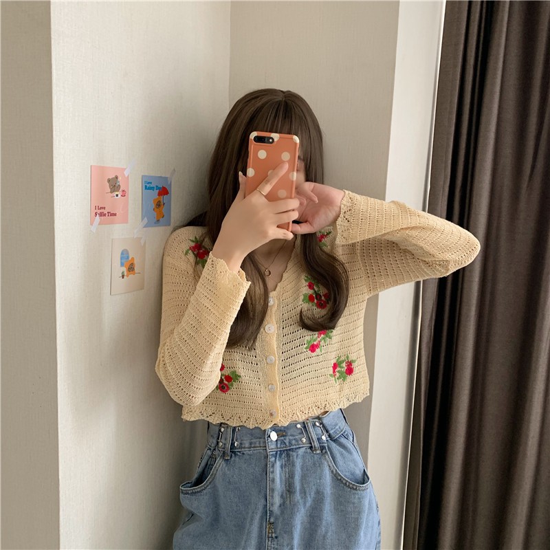 Áo Khoác Cardigan Cổ Chữ V Thêu Họa Tiết Xinh Xắn Theo Phong Cách Hàn Quốc | BigBuy360 - bigbuy360.vn