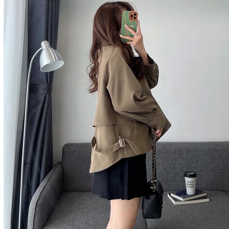 Áo Khoác Mangto hai lớp dáng ngắn croptop (Măng Tô) Đai Sườn, Áo Khoác Dáng Ngắn, dài Cổ Vest 2 lớp form rộng đai eo