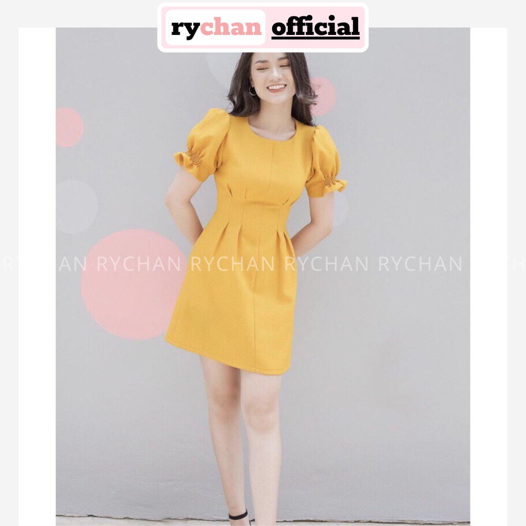 DX870 - Đầm Xòe Xếp Li Cột Nơ Lưng Cổ Tròn Tay Ngắn Bo Chun 2 Màu Vàng Đỏ [ẢNH THẬT CUỐI]