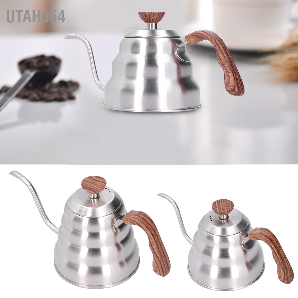 [Hàng Sẵn] Ấm pha cà phê / trà bằng Thép không gỉ - Bình pha cafe cổ ngỗng vòi dài Với tay cầm gỗ 1L/1.2L Cho nhà bếp【Utah054】
